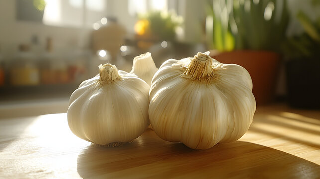 Close-up of fresh garlic bulbs resting on a wooden countertop bathed in warm sunlight