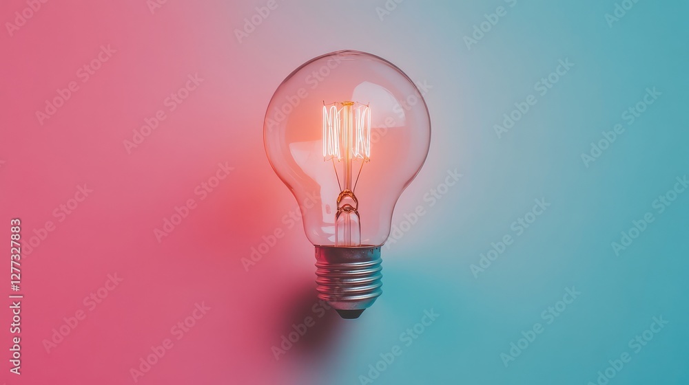 Poster a conceptual shot of a glowing light bulb with a visible filament, casting a soft light on the surro