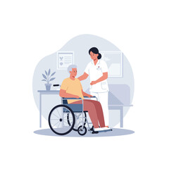 Nurse Assisting Senior Man in Wheelchair Inside Health Facility