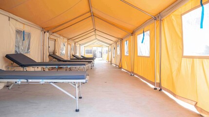 An empty tent interior features several hospital beds lined up along the sides, illuminated by natural light from the windows.