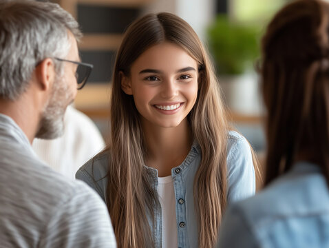 Jeune femme souriante parlant &agrave; ces parents