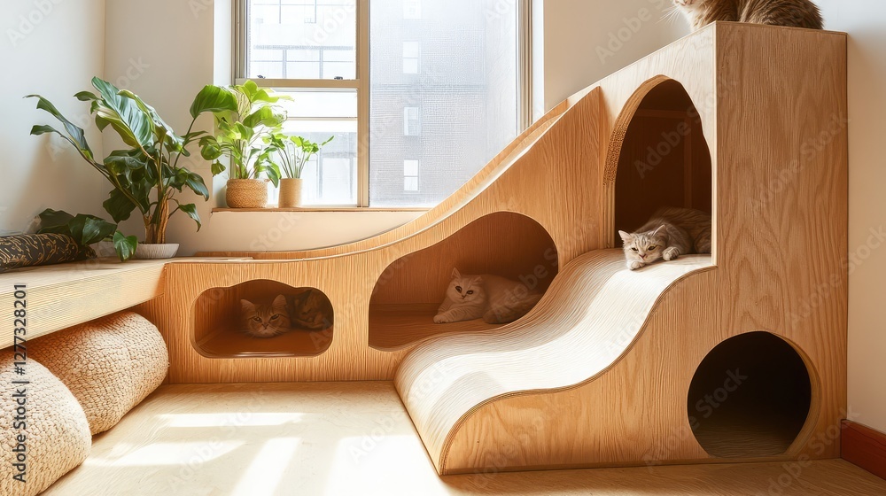 Aufkleber a custom-built cat playhouse with a slide and tunnels, placed in a pet-friendly home.