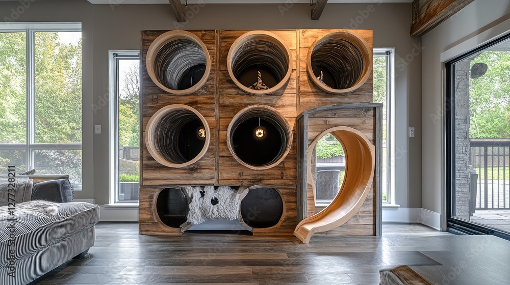 Poster a custom-built cat playhouse with a slide and tunnels, placed in a pet-friendly home.