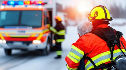Obraz premium A firefighter in safety gear assists an elderly person near an ambulance during a snowy emergency situation.
