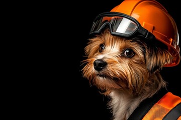 Cute Yorkshire Terrier Dog Wearing Construction Helmet and Reflective Vest Isolated on White Background for Safety Concept
