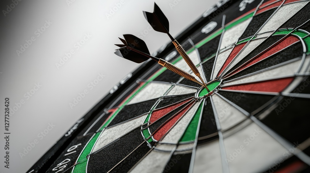 Poster a dartboard with scattered darts, some in the bullseye area, in a minimalistic setting with white ba