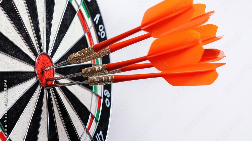 Poster a dartboard with scattered darts, some in the bullseye area, in a minimalistic setting with white ba