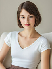 Jeune femme posant avec un haut blanc, du rouge à lèvres et une coupe au bol