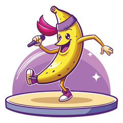 A cartoon banana with human legs breakdancing energetically on a miniature stage, spotlight shining.  High-detail, vibrant colors.
