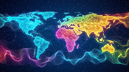 Fototapeta premium Vibrant rainbow world map with glowing lines and waves.