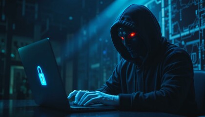 Hacker in Hoodie and Mask Using Laptop.