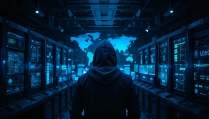 Hacker in Hoodie and Mask in Server Room.