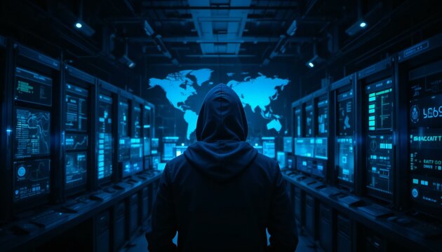 Hacker in Hoodie and Mask in Server Room. - Powered by Adobe