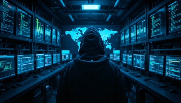 Hacker in Hoodie and Mask in Server Room.