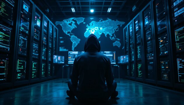 Hacker in Hoodie and Mask Using Laptop in Server Room.
