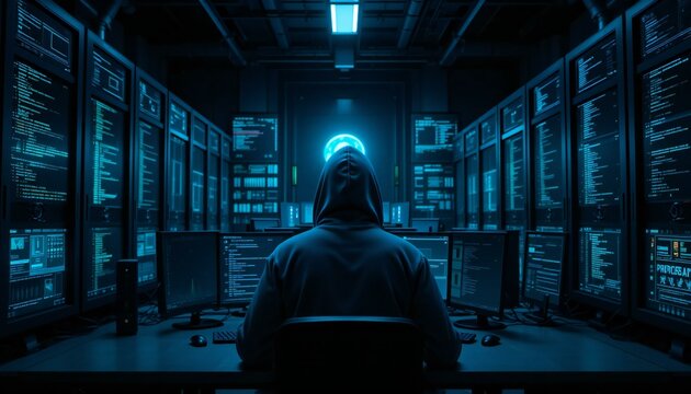 Hacker in Hoodie and Mask Using Laptop in Server Room.