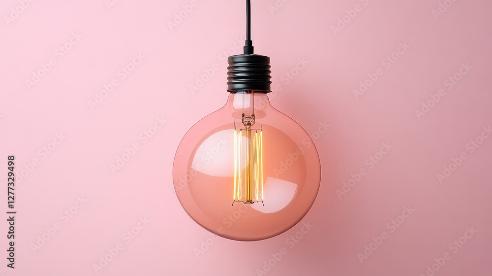 Poster a glowing light bulb with intricate details on its filament, set against a soft-colored background w