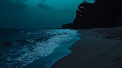 Dark, tranquil ocean waves lapping a sandy shore at night.
