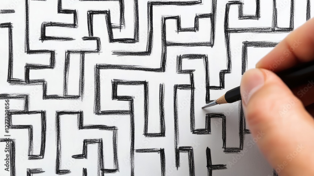 Poster a hand-drawn maze with a clear path leading to the center, symbolizing problem-solving and mental re