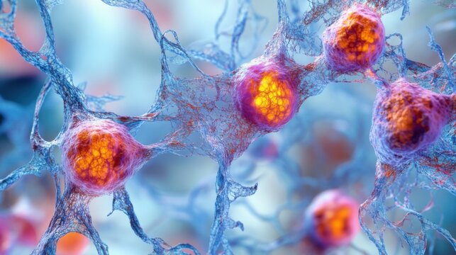 Aging cells under a microscope in a biological research lab. Featuring oxidative damage and cell degradation