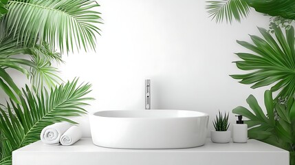 Fototapeta premium Tropical bathroom sink, towels, plants