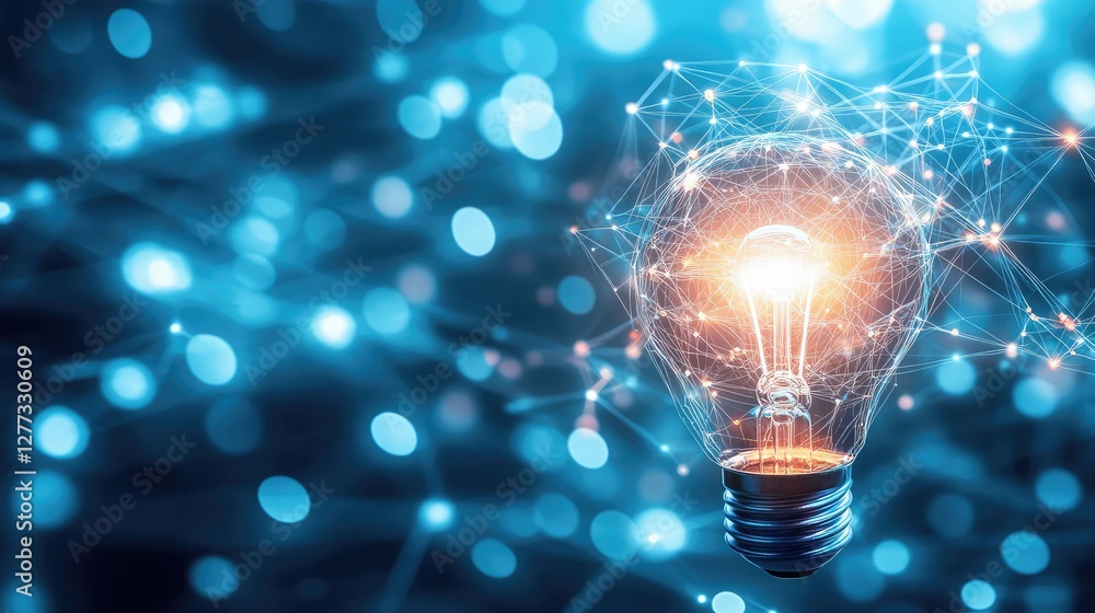 Poster a light bulb with a glowing filament, surrounded by a neutral background with an ample amount of emp