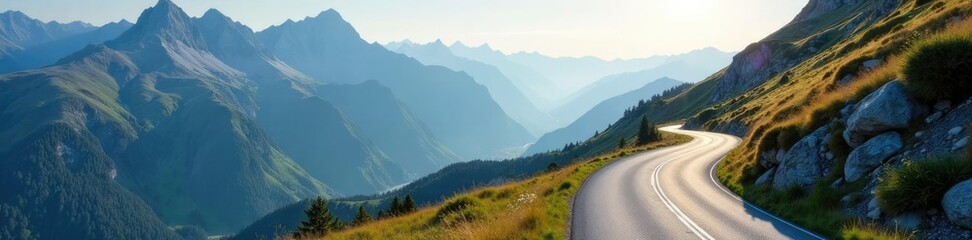 Fototapeta premium A winding road disappears into the distance up the side of a mountain, alpine environment, landscape, winding road