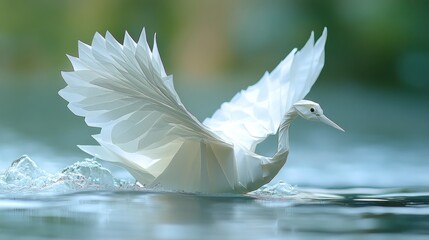 White bird in flight, abstract style, water surface, natural background. Possible use Nature, art, design, education