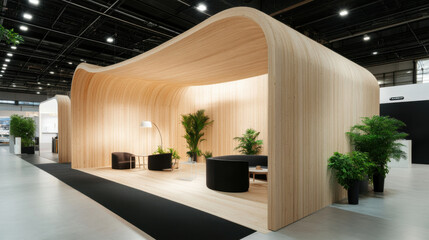 Organic shaped exhibition booth with curved wooden structure and plants