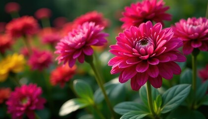 Dark pink chrysanthemum flowers in a garden bed with other flowers, , flowers, bedding