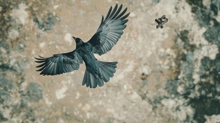 Fototapeta premium Black Crow in Flight Above a Rocky Terrain