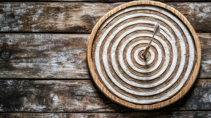 A perfect bullseye on a dartboard, with the dart lodged neatly in the center, on a wooden backdrop.