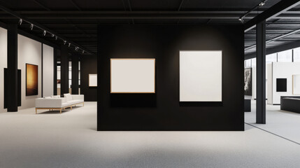 Minimalist art gallery with blank frames and modern furniture