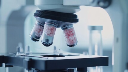 Aging cells under a microscope in a clean lab. Featuring biological aging and molecular breakdown