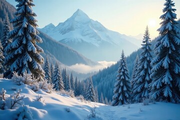 Fototapeta premium Frosty mountain vistas peeking through forest canopy, misty morning, winter wonderland, winter landscape snow mountains trees forest