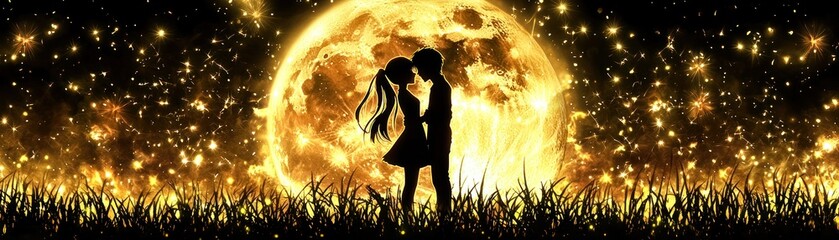 Couple kissing under a large moon at night