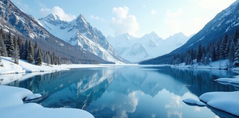 Fototapeta premium Frozen lake in the mountains with snow-capped peaks, mountain peaks, mountain scenery, winter wonderland