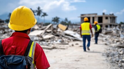 Workers in safety gear walk through a debris-strewn site, highlighting the aftermath of construction or disaster recovery efforts.