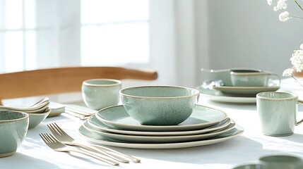 Light green dinnerware set on table by window