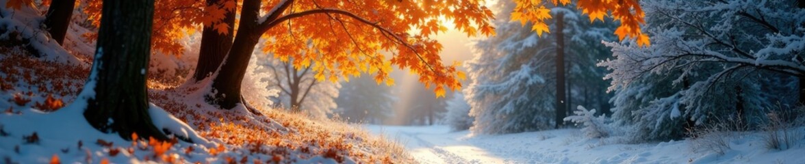 Fototapeta premium Gentle hues of golden maple leaves nestled among snow-covered trees bathed in soft morning light, tree, green, woods