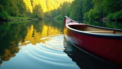 Obraz premium Gentle lapping of water against the canoe's hull, trees reflected, peaceful atmosphere