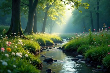 Obraz premium Gentle stream weaves through misty forest meadow, forest, wildflowers