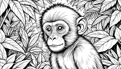 Obraz premium Playful monkey coloring page, engaging book drawing animal, charming cute outline zoo jungle, whimsical cheerful delightful, artistic animated enchanting