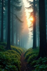 Obraz premium Misty forest at dusk with tall trees and ferns, greenery, foliage