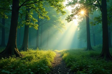 Obraz premium Misty forest landscape with sunlight filtering through trees, woodland, nature