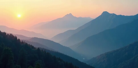 Fototapeta premium Mountain peaks shrouded in mist and sunlit fog, mountains, sunrise