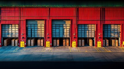 Red Warehouse Exterior with Cargo Boxes at Sunset