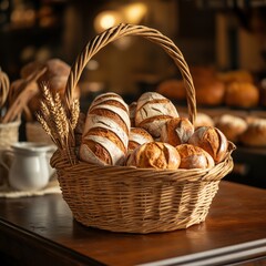 A basket filled with an assortment of baked bread