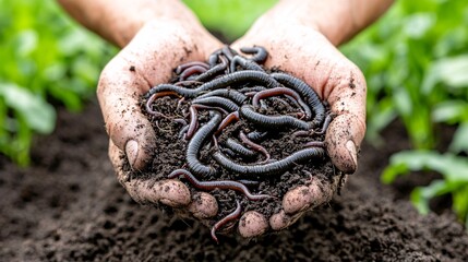 Hands Holding Earthworms in Soil Surrounded by Green Plants in a Vibrant Garden Environment