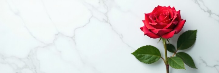 Naklejka premium single rose with attached leaves against white marble background, marble, leaf